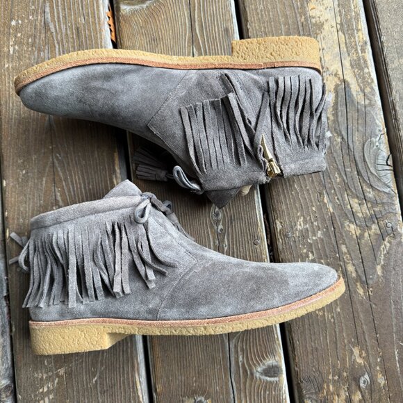 Like New Kate Spade Bitsy Gray Fringe Tassel Suede Moccasin Booties Women's 10M - Picture 3 of 14